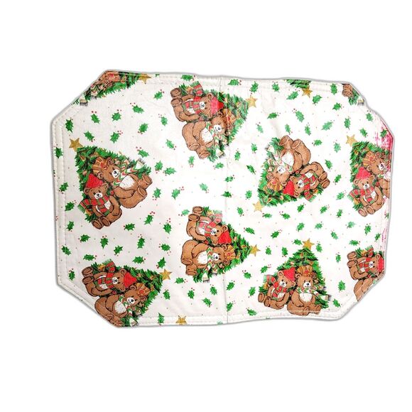 Vintage Vinyl Christmas Placemats Double Sided Holiday Bears Trees & Holly - Picture 7 of 9